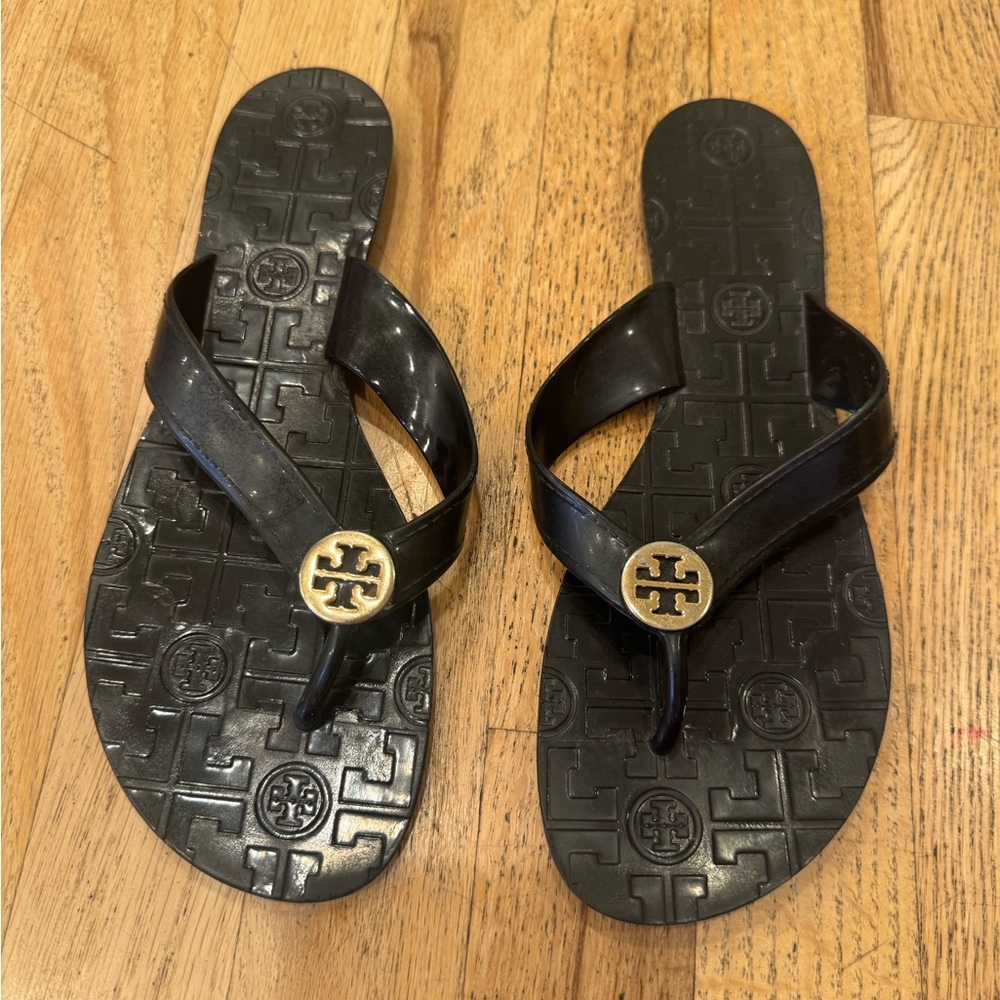 Tory Burch Black Sandals with Gold Emblem